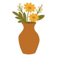 Simple rustic vase with yellow flowers and leaves, charming decor element for farm scenes. vector