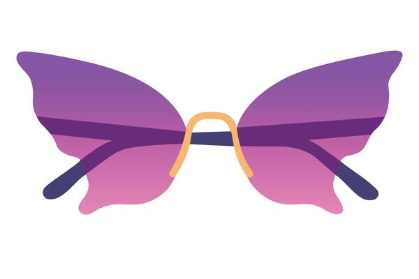 Fantasy butterfly shaped sunglasses with gradient purple lenses and gold bridge in playful flat style.