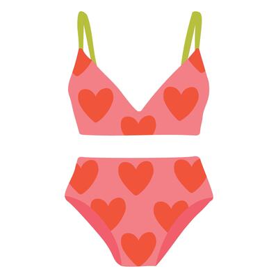 Cute pink bikini with red heart print and green straps, perfect for summer and beach fun.