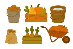 Cozy autumn clipart with vegetables in buckets, crates, sack and wheelbarrow on white background. vector