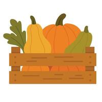 Colorful autumn vegetables in a wooden crate, including pumpkins and squash, flat style. vector