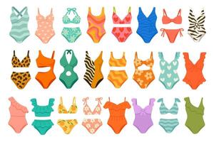 Bright cartoon swimsuits in various styles and patterns, perfect for summer design and decoration. vector