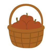 Small basket filled with red apples, flat cartoon illustration in warm autumn harvest style. vector