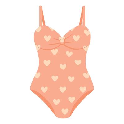 Cute peach one-piece swimsuit with heart print and gathered top for summer beach designs.