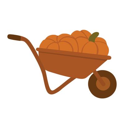 Flat illustration of a wheelbarrow loaded with pumpkins, perfect for harvest and autumn themes.