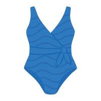 Bright blue one-piece swimsuit with wrap design and waves, stylish and flattering for summer. vector