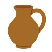 Brown ceramic pitcher with handle in flat cartoon style, traditional rustic harvest container. vector