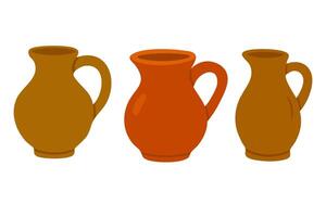 Flat set with three rustic clay jugs in warm colors. Farm-style pottery illustration. vector
