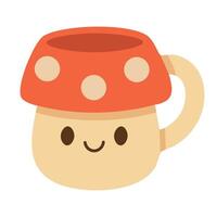 Cute mug shaped like a mushroom with red cap and smiling face, perfect for fun projects. vector