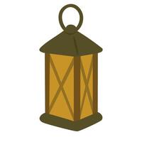 Flat illustration of a rustic lantern with warm yellow glow and dark frame. vector