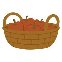Flat illustration of a wicker basket filled with red apples, perfect for autumn harvest designs. vector