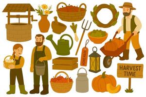 Rustic collection with farmers, tools, vegetables, baskets and autumn harvest elements in cartoon style. vector