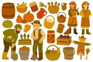 Cozy set with farmers, vegetables, baskets, jars and rustic fall harvest tools in cartoon style. vector