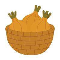 Wicker basket filled with yellow onions, flat illustration for farming and harvest design. vector