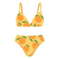 Bright yellow bikini with playful orange fruit pattern, ideal for summer beach or pool days. vector