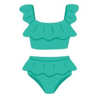 Adorable teal bikini with layered ruffles and wide straps, perfect for playful summer days. vector