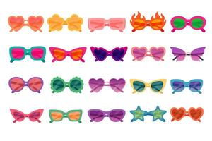 Bright and playful sunglasses set with unique designs, fun shapes and stylish colorful lenses. vector