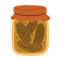 Glass jar with pickled cucumbers, flat illustration in rustic autumn harvest style. vector