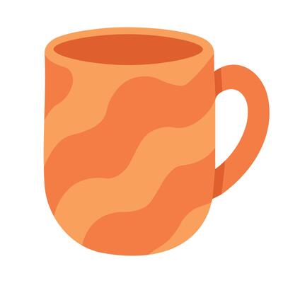 Bright orange mug with wavy pattern in cartoon style, great for prints, decor and fun use.