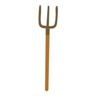 Simple cartoon pitchfork with long wooden handle, isolated tool for garden design. vector