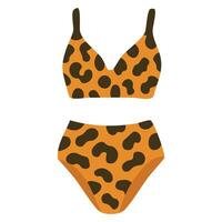 Bold leopard print bikini with high-waisted bottom, stylish and perfect for summer fun. vector