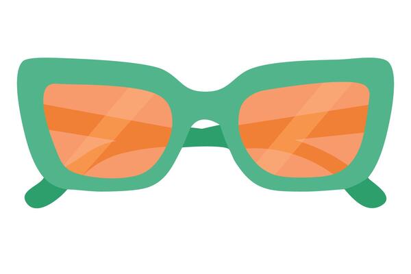 Trendy square sunglasses with green frame and orange gradient lenses in flat modern cartoon style.