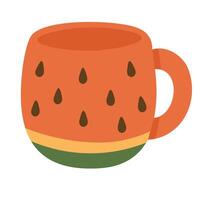 Funny orange mug styled like a watermelon with green bottom and seeds, perfect for summer fun. vector