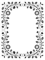 Hand-drawn black botanical border of swirling vines, leaves and blossoms forming an ornate rectangular frame on a white background vector