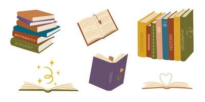 Cute colorful book collection. Set of different stacks and piles of books, open and closed books. Educational theme, scientific and fiction literature. vector