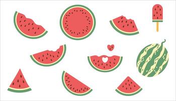 Flat watermelon set. cartoon collection of ripe fruit pieces, halved and triangular slices, whole watermelons, rind, seed. vector