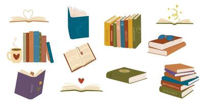 Stacks of books for reading, pile of textbooks for education. Set of history, mathematics, geography with bookmarks. Colored flat illustration isolated on white background vector