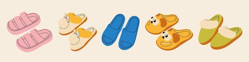 Set of colored summer sandals in cartoon style. illustration of various open summer sandals, low and high platform isolated on white background. Summer shoes. Summer womens and childrens shoes vector