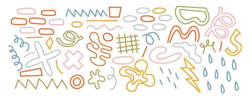 Hand drawn naive, bizarre abstract geometric shapes and forms. Modern contemporary figures, various organic shapes and doodle objects, graphic elements vector
