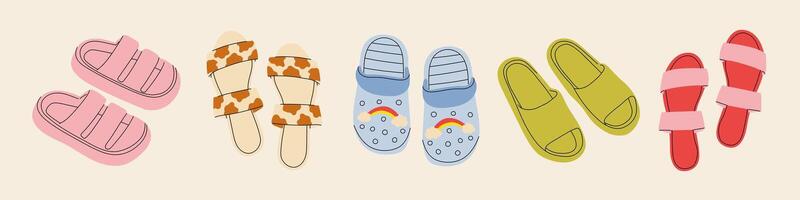 Set of colored summer sandals in cartoon style vector
