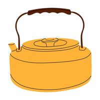 illustration of a traditional yellow metal kettle with a brown handle, isolated on white background, simple hand-drawn style vector