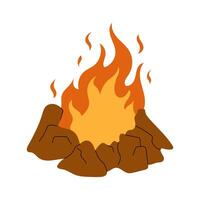 illustration of a campfire with flames and surrounding rocks, isolated on white background, flat style for outdoor themes. Fire for cooking and heating vector