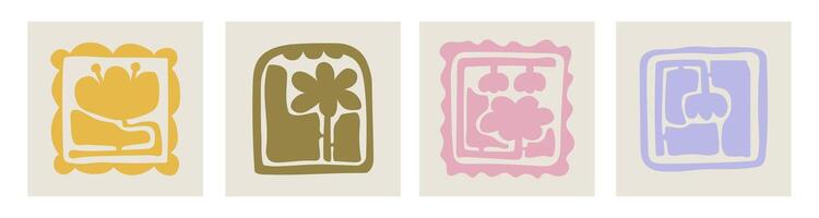 Set of bright abstract flowers and plants in Matisse style in various frames vector
