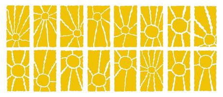 Groovy hippie y2k retro sun background or contemporary summer sunburst banner with abstract organic doodle shape and wavy yellow floral pattern in 70s naive boho style. Groovy sun explosion. vector