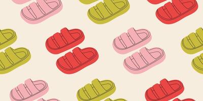 Seamless pattern with different summer cute green, pink, red beach slippers. Endless texture with fashionable and stylish home shoes for print. Colored flat illustration. vector