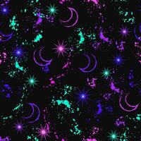 Seamless fluorescent celestial fantasy pattern with crescent moon, stars, paint brush strokes, splattered paint. Bright glowing neon colors. Outline contour illustration. Virtual surreal background vector