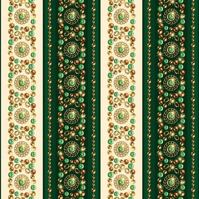Seamless striped pattern with precious jewelry elements, gold, bronze beads, chains, green gems. Ornate mosaic style. Good for clothing, apparel, fabric, textile, surface design.