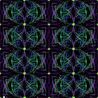Seamless pattern with abstract 8 petal flower. Outline intersecting geometric shapes in grunge psychedelic style. Bright paint strokes on dark background. Neon colors. vector