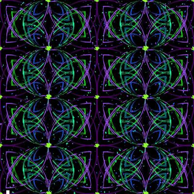 Seamless pattern with abstract 8 petal flower. Outline intersecting geometric shapes in grunge psychedelic style. Bright paint strokes on dark background. Neon colors.