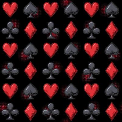 Seamless pattern with card suits icons in chessboard arrangement. Hearts, clubs, spades, diamonds, halftone sparkles on black ornament. Gambling, casino theme.