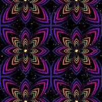 Seamless pattern with abstract simple 8 petal flower. Outline contour geometric shapes in grunge psychedelic style. Bright paint strokes on dark background. Neon colors. vector