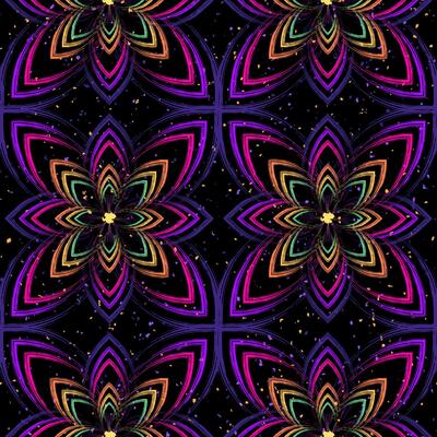 Seamless pattern with abstract simple 8 petal flower. Outline contour geometric shapes in grunge psychedelic style. Bright paint strokes on dark background. Neon colors.