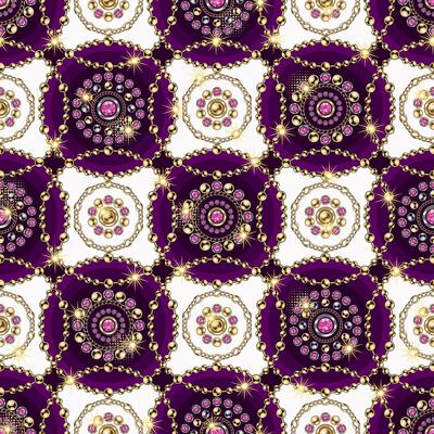 Seamless geometric pattern with round jewelry ornaments in staggered manner. Silver, gold elements with pink gems. Vintage style. Good for clothing, apparel, fabric, textile, surface design.