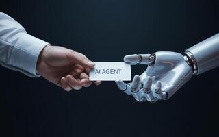 A robot hand holding a business card with the word agent photo