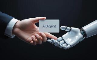Ai agent - ai robot hand holding a business card with the word ai agent photo