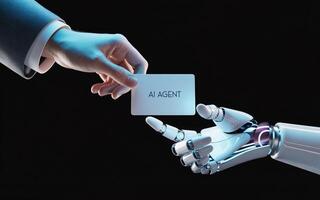 A robot hand holding a business card with the word telegram in it photo